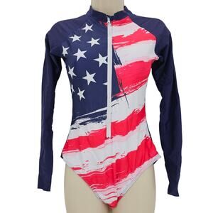 Zando Womans size M Long Sleeve One Piece Rashguard Swimsuit American Flag NWOT